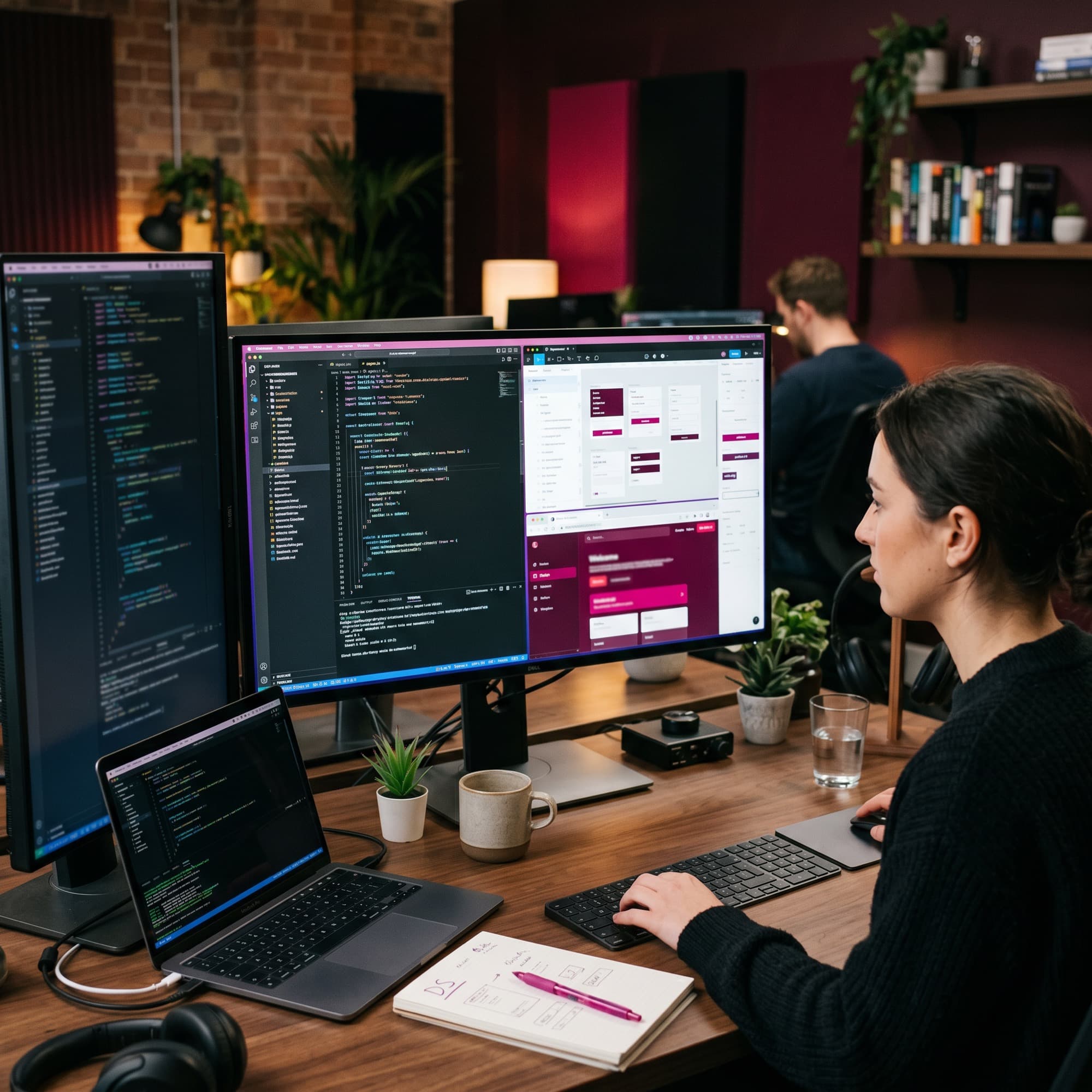 Designer et développeur au travail dans le studio, écrans de code et interfaces fuchsia