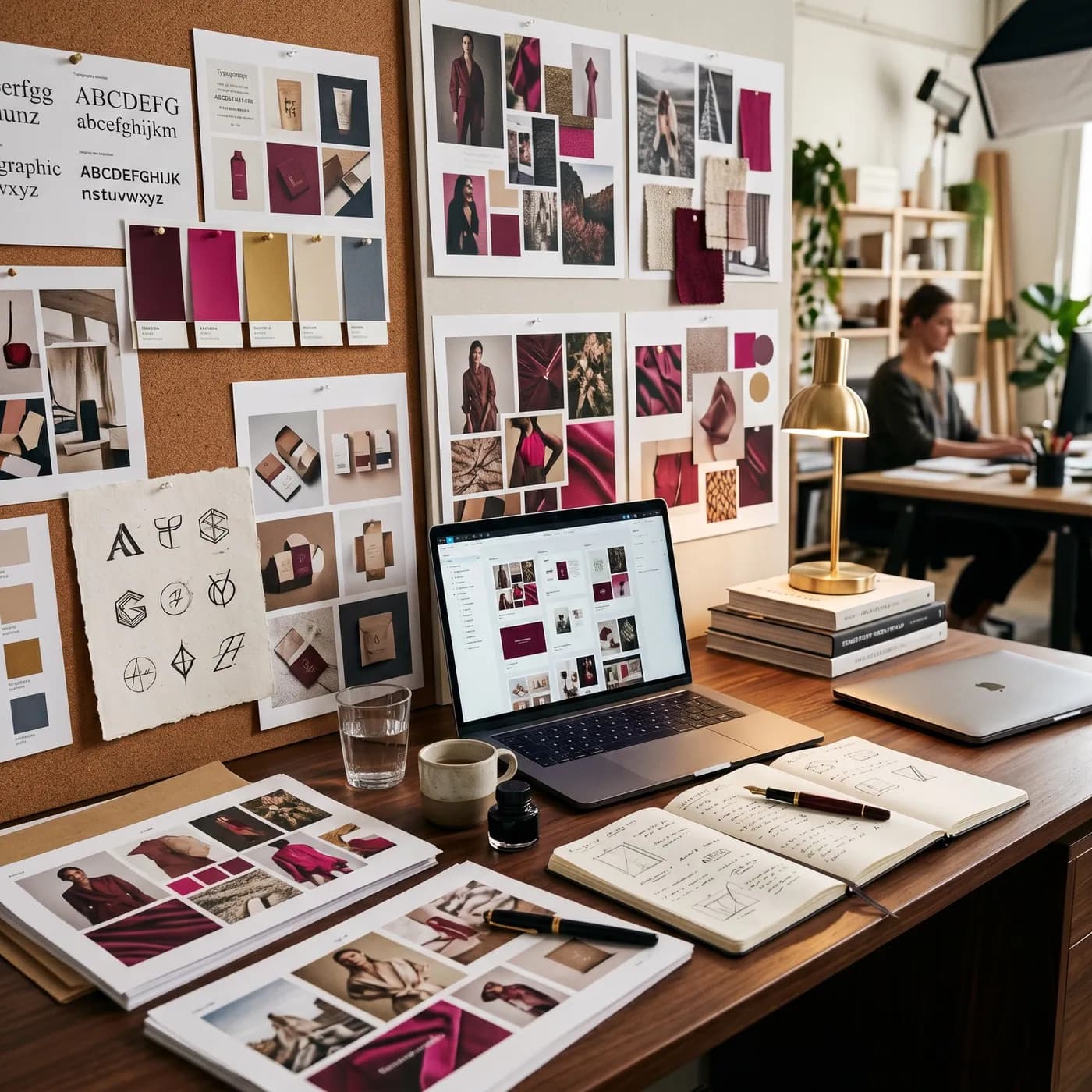 Plan de travail Studjoow : mood board, écrans, croquis, palette fuchsia